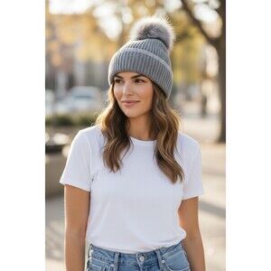 LIB New York Beanie Hat Womens One Size Gray Ribbed Knit Cuffed Pom Pom